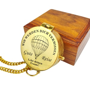 Personalisierter Kompass Messing poliert mit Gravur Wunschmotiv und Wunschtext Name diverse Designs Geschenkidee Ledertasche Geschenkbox