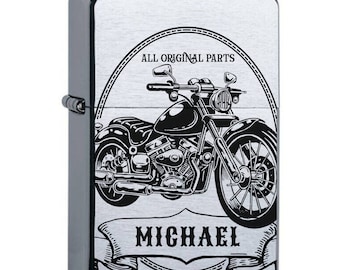 Zippo® petrol lighter with engraving motorcycle personalized with name for motorcyclists biker chopper storm lighter chrome brushed gift