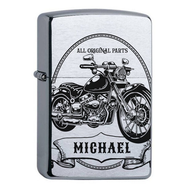 Zippo® Benzinfeuerzeug mit Gravur Motorrad personalisiert mit Name für Motorradfahrer Biker Chopper Sturmfeuerzeug Chrome Brushed Geschenk