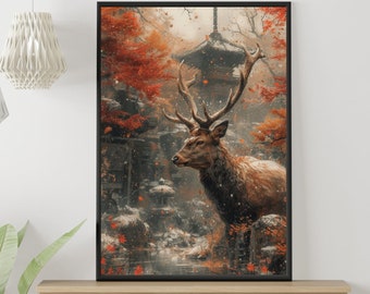 Nordic Deer Japanese art and Handmade Gift: Japandi  ideal for office decor, bedroom, and a touch of the Wabi Sabi elegance.