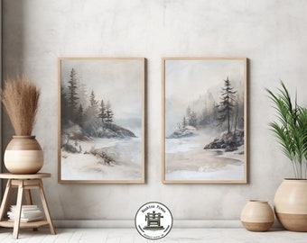 Misty Beach Forest Print Set: Neutral Landscape Wall Art (Digital Download)