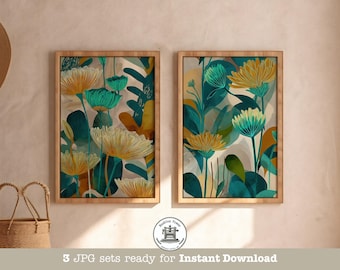 Teal & Mustard Floral Print Set: Retro Modern Botanical Art (Digital Download)