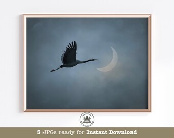 Japandi Crane Print: Minimalist Moon Wabi Sabi Wall Art (Digital Download)