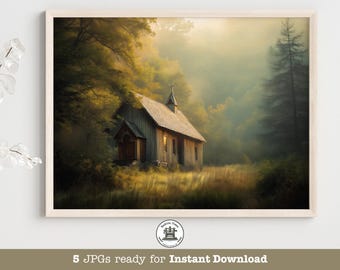 Blue Ridge Church Print: Misty Forest Chapel, Country Cottage Decor (Digital Download)
