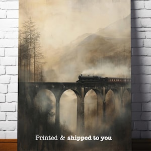Vintage Scottish Viaduct Print | Landscape Art Painting | Steam Train | Atmospheric Glenfinnan Viaduct Scotland | Premium Matte Poster Print