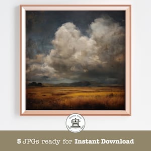Pode incluir: Pintura de paisagem emoldurada com uma moldura em ouro rosa. A obra de arte retrata um céu dramático com grandes nuvens brancas sobre um campo de grama dourada. O texto "5 JPGs ready for Instant Download" está na parte inferior.