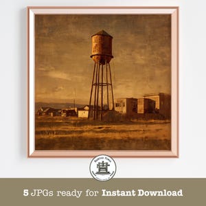 May include: Framed print of a vintage water tower in a rural landscape. The artwork features a sepia-toned color palette with a prominent water tower and buildings in the background. The text "5 JPGs ready for Instant Download" is at the bottom.