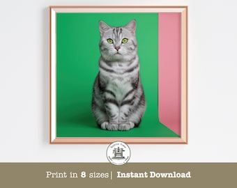 Impresión pop art de gato británico de pelo corto: retrato atigrado plateado (descarga digital)