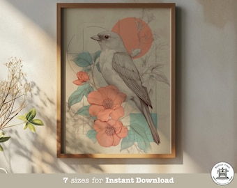 Botanical Bird Print – Vintage Coral Poppy Art (Digital Download)