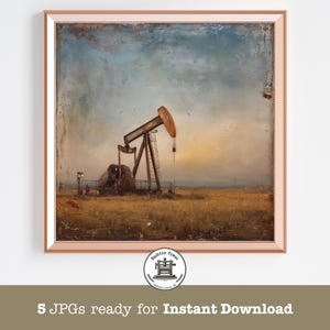 May include: Framed print of an oil pump jack in a field under a cloudy sky. The artwork has a vintage aesthetic with a sepia-toned color palette. The frame is a light brown color. The text "5 JPGs ready for Instant Download" is at the bottom.