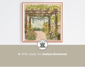 May include: A watercolor illustration of a garden path leading through a wooden pergola covered in greenery. The path is lined with pink and white flowers. The illustration is framed in a light brown frame.