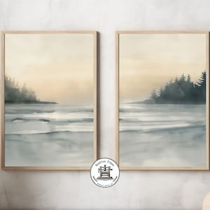 Moody Lakeshore Watercolor Set of 2 | Neutral Landscape Abstract Print | Beige Watercolor | Printable Wall Art | Bedroom Decor