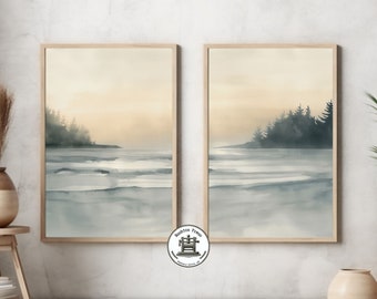 Aquarelle de Moody Lakeshore, lot de 2 | Impression abstraite de paysage neutre | Aquarelle beige | Art mural imprimable | Décoration de chambre à coucher