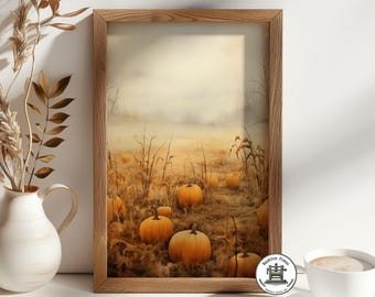 Puede incluir: Una pintura de acuarela de un campo de calabazas en un ambiente brumoso y otoñal. Las calabazas son de color naranja y están dispersas por el campo, con hierbas altas y un fondo brumoso.