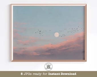 Stampa digitale del cielo al tramonto: paesaggio con luna e uccelli in stile Japandi (download digitale)