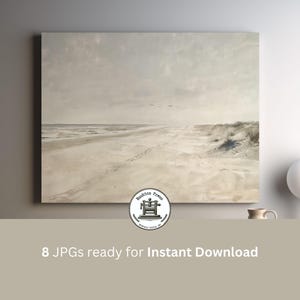 May include: A digital painting of a beach scene with a path leading to the ocean. The sky is a light gray with a few clouds. The sand is white and the water is a light blue. The painting is framed and hanging on a wall.