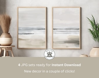 Aquarelle de Greige Beach, lot de 2 | Impression abstraite de paysage neutre | Paysage marin aquarelle beige | Art mural imprimable | Décoration de chambre à coucher