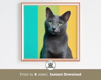 Russian Blue Cat Pop Art Print – Modern Pet Portrait (Digital Download)