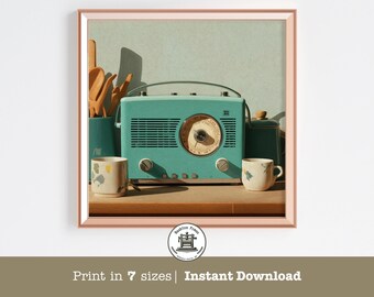 May include: A framed print featuring a vintage teal radio, two mugs, and kitchen utensils. The radio has a circular dial and a handle. The mugs have a floral design. The print includes the text "Print in 7 sizes | Instant Download".