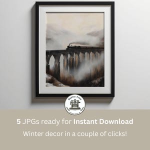 Vintage Scottish Viaduct Painting | Winter Landscape Art Print | Steam Train | Atmospheric Scotland | Printable Digital Download