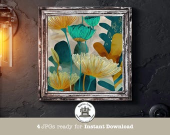 Teal Floral Print: Modern Abstract Botanical Art (Digital Download, 5x5-20x20")