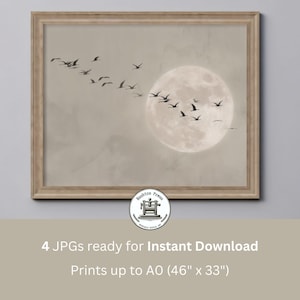 Neutral Flying Birds Wall Art Print, Greige Moon, Japandi Art, Abstract Landscape, Living Room Decor, Large, Japanese, A0 Print