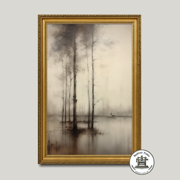 Vintage Lakeside Forest Painting | Greige Landscape Art Print | Moody & Atmospheric | Printable Digital Download