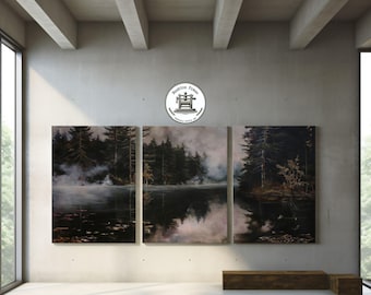 peinture vintage de forêt au bord du lac | Art mural paysage en trois parties | De mauvaise humeur et d&#39;ambiance | Dark Academia | Téléchargement numérique imprimable