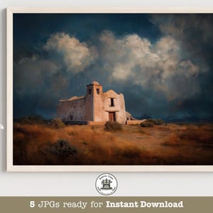 May include: A framed landscape print depicts a weathered building under a dramatic sky. The building, with a tower, stands on a field of dry grass. The sky is filled with dark clouds and patches of light. The print is ready for instant download.