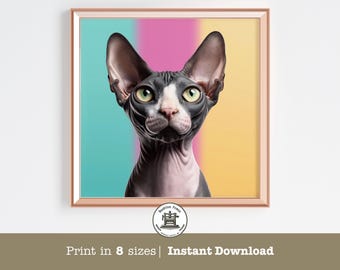 Impresión pop art de gato esfinge: retrato colorido de gato sin pelo (descarga digital)