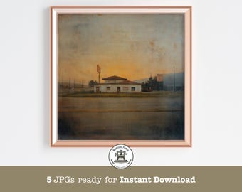 Impresión artística de motel vintage: Pintura de carretera con un aire melancólico americano (descarga digital, 5 archivos JPG)