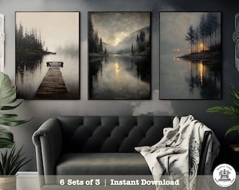 Lot de 3 impressions Forêt brumeuse - Art mural Moody Lake et Woodland - téléchargement triptyque nature - décoration de cabine rustique - téléchargement immédiat