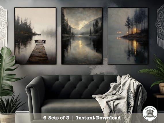 Misty Forest Print Set: Moody Lake & Woodland Triptych (Digital Download