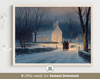 Impression d'église en hiver : paysage de Noël de la Nouvelle-Angleterre, décoration de ferme vintage (téléchargement numérique)