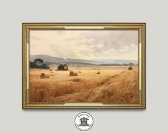 Rustikaler Hay Field Kunstdruck | Bauernhaus-Wand-Dekor | Digitale Vintage-Malerei | Sofortiger Download | Acryl-Stil