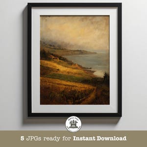Stampa del vigneto costiero di Sonoma – Arte murale rustica della regione vinicola – Dipinto di paesaggio con vista sull'oceano – Download digitale della campagna californiana