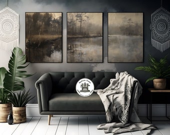 peinture vintage de forêt au bord du lac | Art mural paysage en trois pièces | De mauvaise humeur et d&#39;ambiance | Téléchargement numérique imprimable