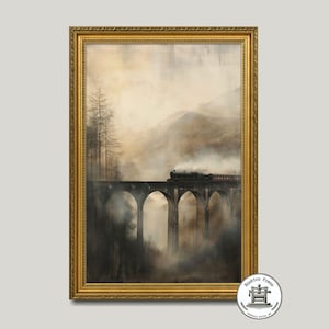 Vintage Scottish Viaduct Painting | Landscape Art Print | Steam Train | Atmospheric Scotland | Printable Digital Download