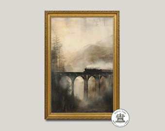 Vintage Scottish Viaduct Painting | Landscape Art Print | Steam Train | Atmospheric Scotland | Printable Digital Download