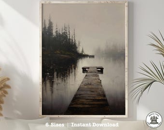 Foggy Lakeside Dock Druck: Stimmungsvolle minimalistische Landschaft (Digitaler Download