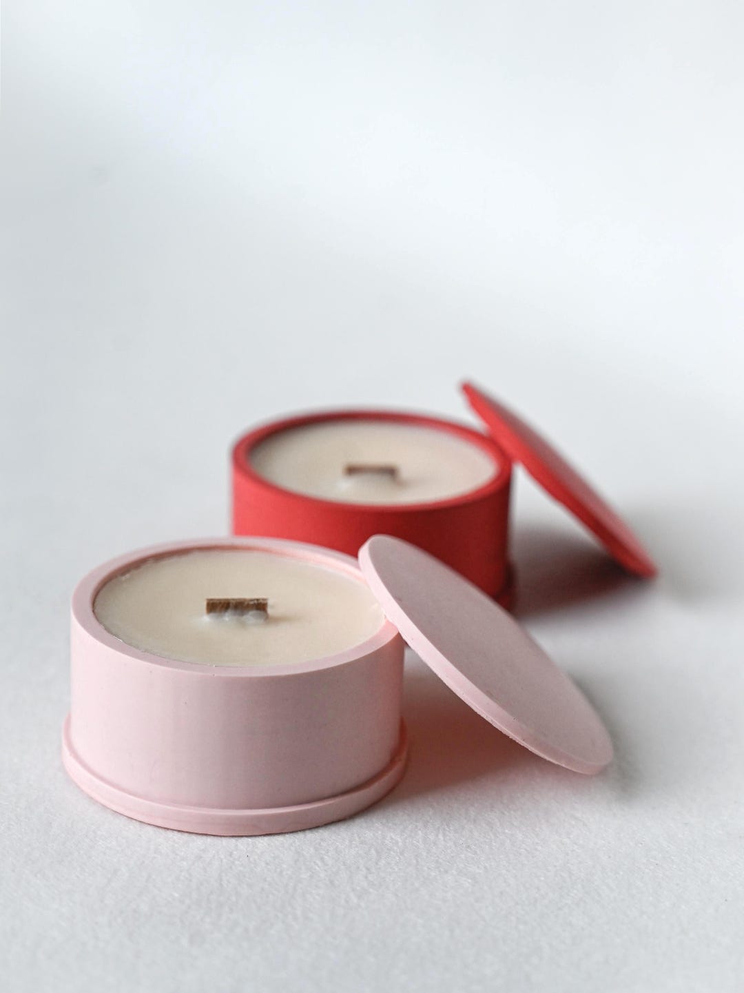 Handmade Soy Candle Set – Pink & Red Jesmonite Jars, Wooden Wick ...