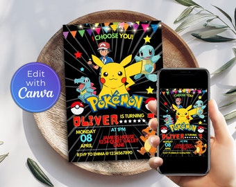 Pokemone verjaardagsuitnodiging | Pikachu-uitnodiging | Afdrukbare uitnodigingen voor verjaardagsfeestje | Digitale kinderfeestuitnodiging | Directe download