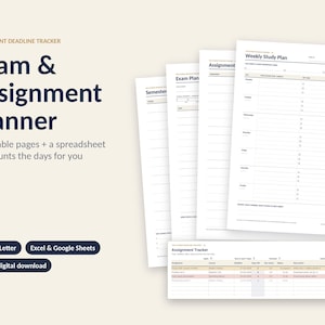 Könnte beinhalten: Ein Studenten-Deadline-Tracker mit einem Prüfungs- und Aufgabenplaner, bestehend aus vier druckbaren Seiten und einer Tabelle. Die Dokumente umfassen einen wöchentlichen Studienplan, Aufgabenverfolgung und Semesterübersicht in A4 und US Letter.