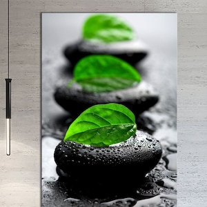 Green leaves on spa stones print on canvas Zen wall art Room decor Spa decor Bathroom decor Relaxing decor Large wall art Free shipping