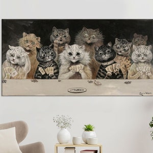 Impression de Louis Wain « Les chats jouent aux cartes » sur toile Décoration de chambre d'enfant Décoration de fête d'anniversaire Cadeau pour amoureux des chats Cadeaux de jeu Grand art mural Livraison gratuite