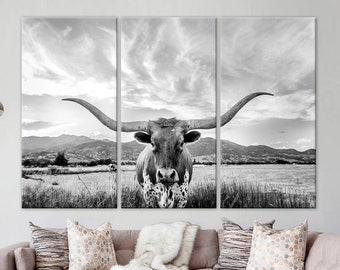 Texas Longhorn Cow Canvas Print: Black and White Farmhouse Wall Art