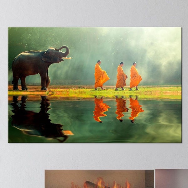 Elephant with monks photography print on canvas Indian wall art Living room decor Bathroom decor Above bed art Large wall art Free shipping