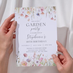 May include: A white invitation card with floral watercolor illustrations, held by hands. The card reads "Join us for a Garden Party in Celebration of Stephanie's 18th Birthday" with event details. The design features pastel flowers.