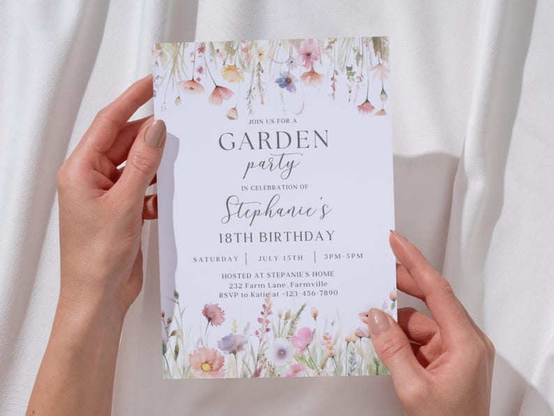 May include: A white invitation card with floral watercolor illustrations, held by hands. The card reads "Join us for a Garden Party in Celebration of Stephanie's 18th Birthday" with event details. The design features pastel flowers.