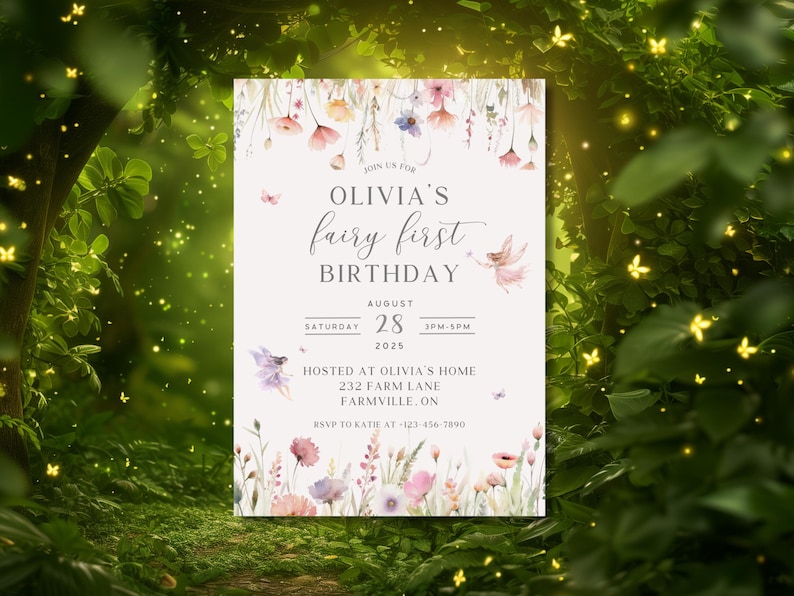 May include: A fairy-themed birthday invitation with floral and butterfly illustrations. The invitation features the text "Olivia's fairy first birthday" with the date, time, and location details. The design includes watercolor flowers and a fairy illustration.